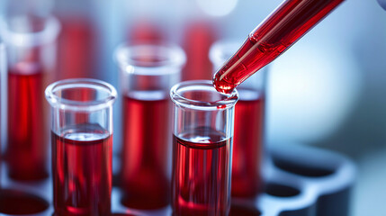 Laboratory testing. Equipment and glassware for extraction of test product and red solution in a chemical laboratory.
