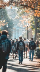 Obraz premium A group of people walking down a sidewalk, some of them carrying backpacks