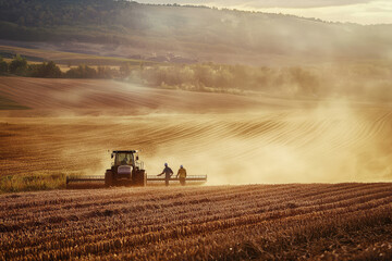 Fototapeta premium Golden Hour Harvest: Farmers work diligently in a field, bathed in the soft glow of the setting sun, their efforts painting a picture of rural life and dedication.