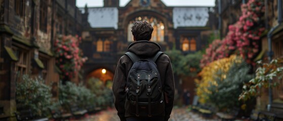A man wearing a backpack is standing in front of a building