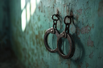 The Weight of Freedom: Handcuffs Hanging on a Worn Jail Wall, a Haunting Reminder of Confinement.