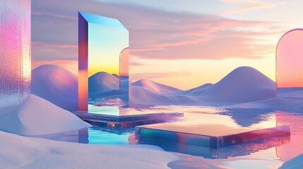 Abstract Minimalist Landscape with Iridescent Glass Structures