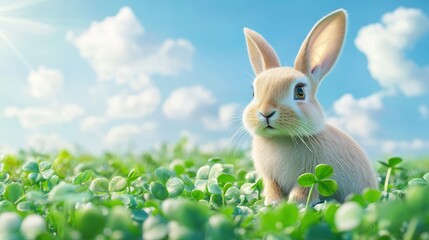 Fototapeta premium cute rabbit sits in a lucky clover field, easter background banner for marketing, sales and social media. Blue Sky with copy space.