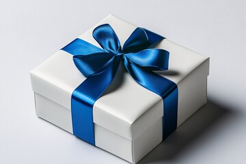 Obraz premium A beautifully wrapped white gift box with a vibrant blue ribbon on a plain background, perfect for any special occasion