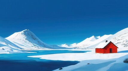 Remote Nordic wilderness with a small cabin by a frozen lake, hand-drawn in crisp, cold tones Travel postcard, Winter landscape, Hand-drawn