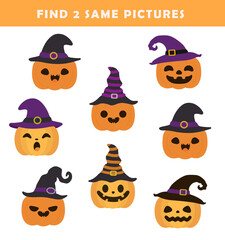 Find 2 same pictures. Puzzle game for children. Preschool worksheet activity for kids. Educational game with cute halloween pumpkin.	