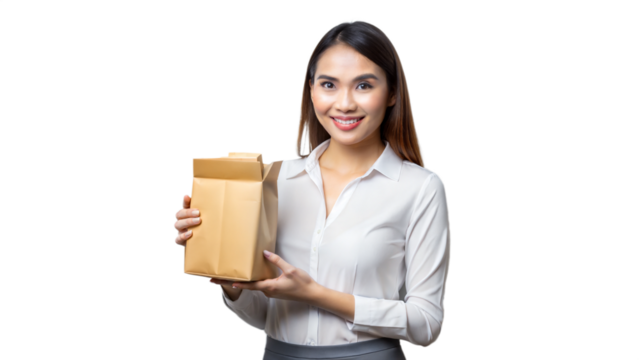 Woman holding a small cardboard box, smiling