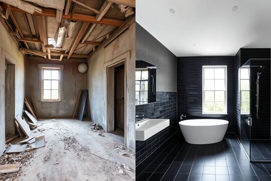 Vom Ruinenraum zum luxuri&ouml;sen Badezimmer: Eine beeindruckende Transformation.