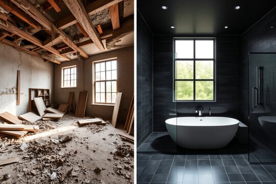 Vom Ruinenraum zum luxuri&ouml;sen Badezimmer: Eine beeindruckende Transformation.