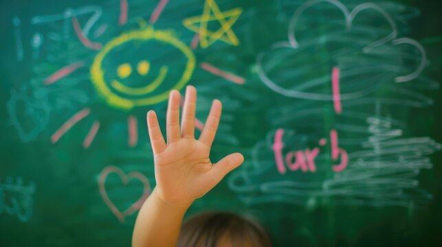 A child is raising their hand in front of a chalkboard with a smiley face drawn