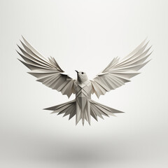 Naklejka premium Origami dove sculpture in mid-flight against a white backdrop. 
