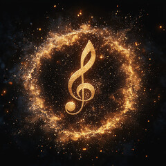 Glowing musical note illustration with sparkling cosmic dust in the background.
