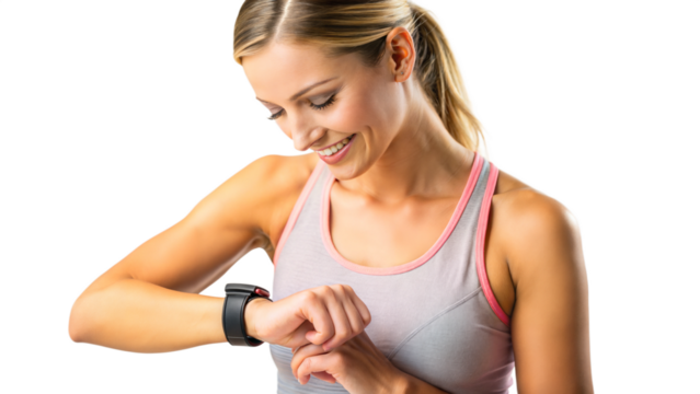Woman using a fitness tracker, monitoring her workout