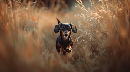 A joyful dog running through tall grass in a sunlit field.