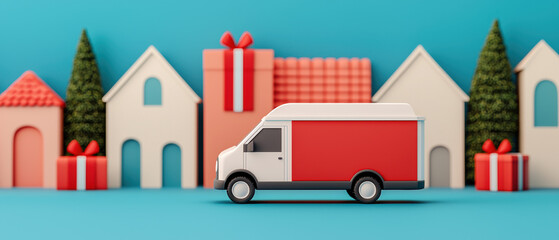Delivery van packed with gifts, Christmasthemed storefront, Cyber Monday signs, 3D illustration