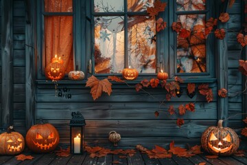 Obraz premium Background with halloween pumpkins, candles and autumn leaves on the wooden house porch