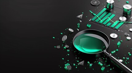 Obraz premium A magnifying glass on a black surface surrounded by green crystals and graphs, symbolizing analysis and discovery.