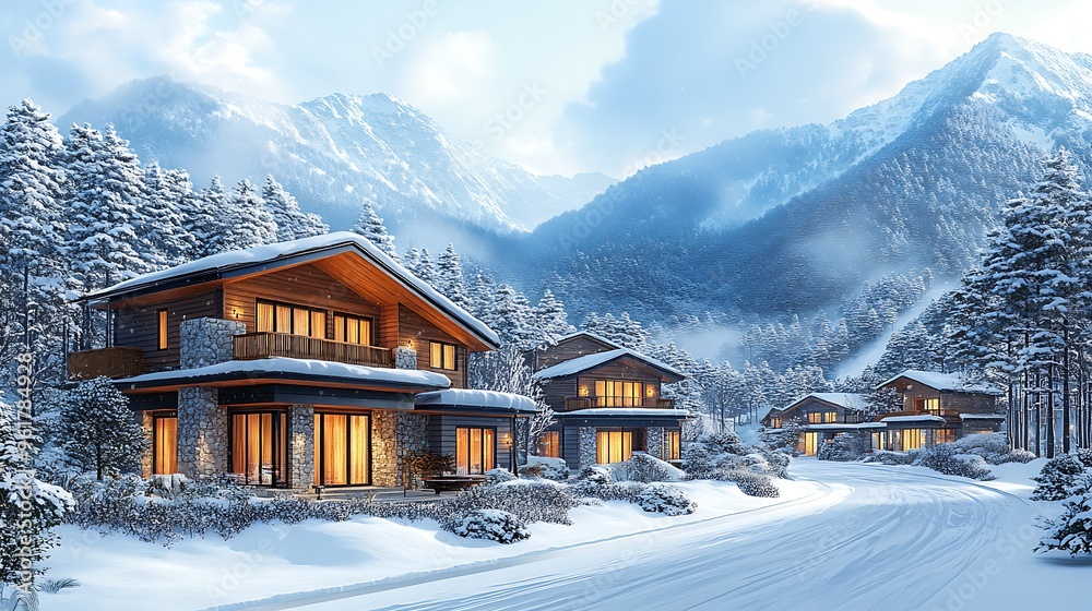 Wall mural Cozy Cabin Village in a Snowy Mountain Landscape.