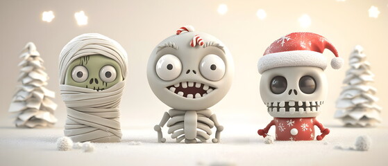 Fototapeta premium set of 3 Christmas characters in 3d clay design, including a Mummy, a Frankenstein with the silly face, and a Skeleton, adorable and festive, isolated on a clean background