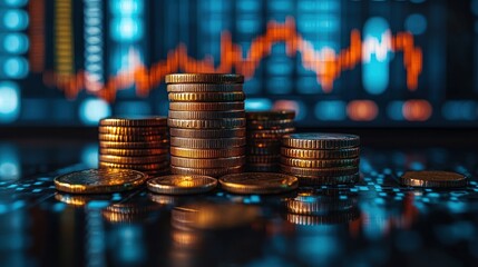 Financial Growth and Success: Stacked Coins and Stock Chart Background