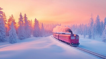 Obraz premium Vintage train traveling through snowy forest at sunset, evoking winter travel nostalgia.