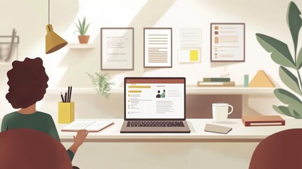 Fototapeta premium people working remotely from a clean, modern home office, with laptops, notebooks, and a cup of coffee, emphasizing productivity and comfort
