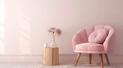 Powder pink chair positioned in a bedroom beside a wooden stool topped with a flower