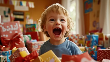 Candid shot of excited child surrounded by birthday gifts and party decorations in natural daylight