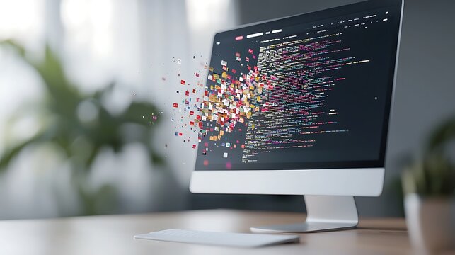 An ultra-sharp image of a banking website glitching on a desktop computer screen, with code fragments and visual errors visible. The background features copy space on the left side, with a deep depth