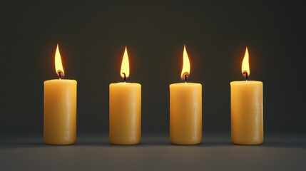 four yellow burning candles on a neutral gray background with copyspace