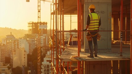 Fototapeta premium A construction worker on a building site during sunset, overlooking a city skyline.