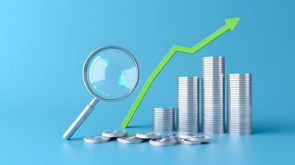 A magnifying glass over coins with a green upward trend, symbolizing financial growth and investment opportunities.