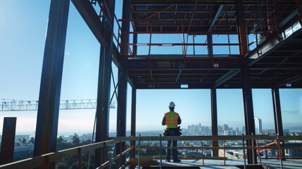 A construction worker observes a city skyline from a building under construction.