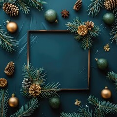 Christmas frame background with fir tree branches, red ball and candy cane on black table top view. New Year decoration concept. Flat lay.