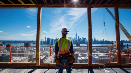A construction worker gazes at a city skyline through large windows on a building site.