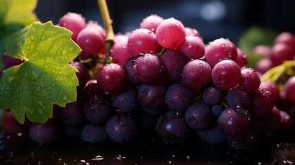 Purple grapes close-up in water droplets. Grape berries in selective focus. Neural network ai generated art