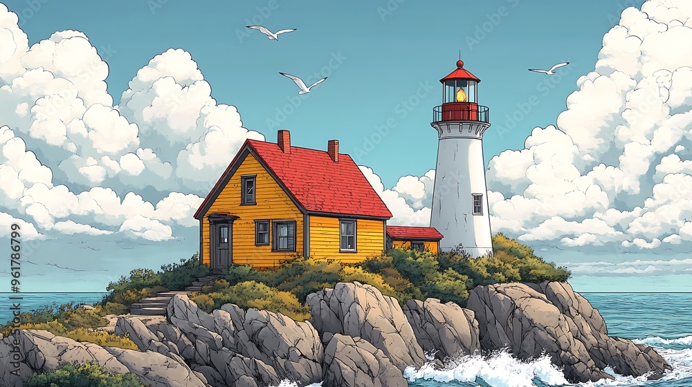 Canvas Prints Lighthouse on a Rocky Coast with a Quaint House and Puffy Clouds.