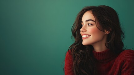 Fototapeta premium A young woman with long hair smiles gently against a vibrant green background, exuding warmth and confidence.