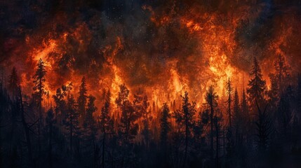 A dramatic depiction of a forest engulfed in flames, highlighting the impact of wildfires.