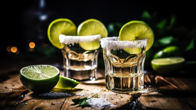 Gold tequila shot with lime fruits on black background. Neural network ai generated art