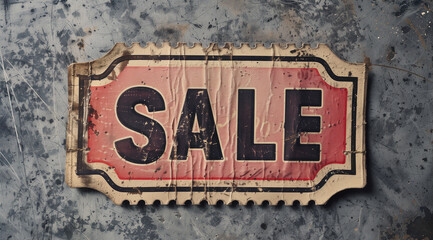 Obraz premium Vintage sale ticket with weathered edges on a textured metal surface. 