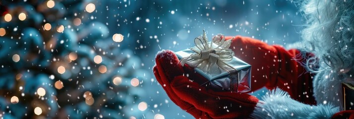 Christmas night background, beautiful blue sky with stars and comets, white snow falling from the sky, Santa Claus's hand in red gloves holds out a gift box wrapped in silver paper