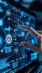 Hand interacts with digital interface displaying a complex network of data and information, symbolizing the power of technology to navigate and control the digital world.