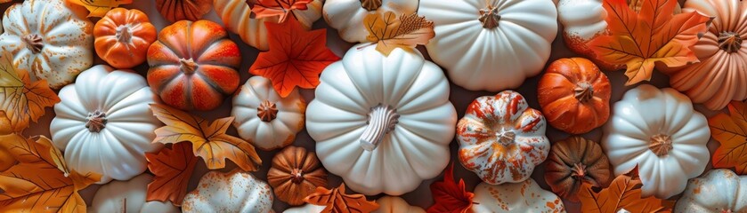 Obraz premium Collection of handmade plaster pumkins. Banner for autumn seasonal holidays background. DIY craft pumkins for helloween, thanksgiving, fall decoration 