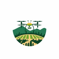 Obraz premium Drone flying over vast field, with mountains and trees in the background, symbolizing use of technology in agriculture and surveying.