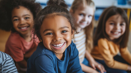 Fototapeta premium Fröhliche, diverse Schulkinder im Unterricht. Multikulturelle Klasse, positive Lernatmosphäre. Inklusion, Bildung. Authentische Interaktion. Heller Klassenraum. Lifestyle, Zukunft