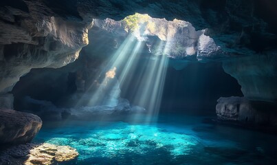 Sunlight Beams Illuminating a Dark Cave with Blue Water