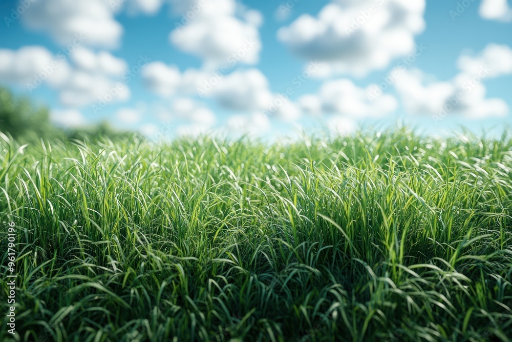 Sticker green grass field with blue sky