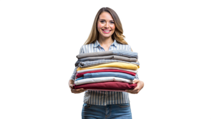 Smiling woman holding a stack of towels