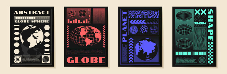 Fototapeta premium Techno poster design. Graphic for T-shirt. Earth planet. World retro map. Street wear typography. Acid rave mesh. 3D futuristic grunge print. Abstract wireframe. Vector garish banner templates set
